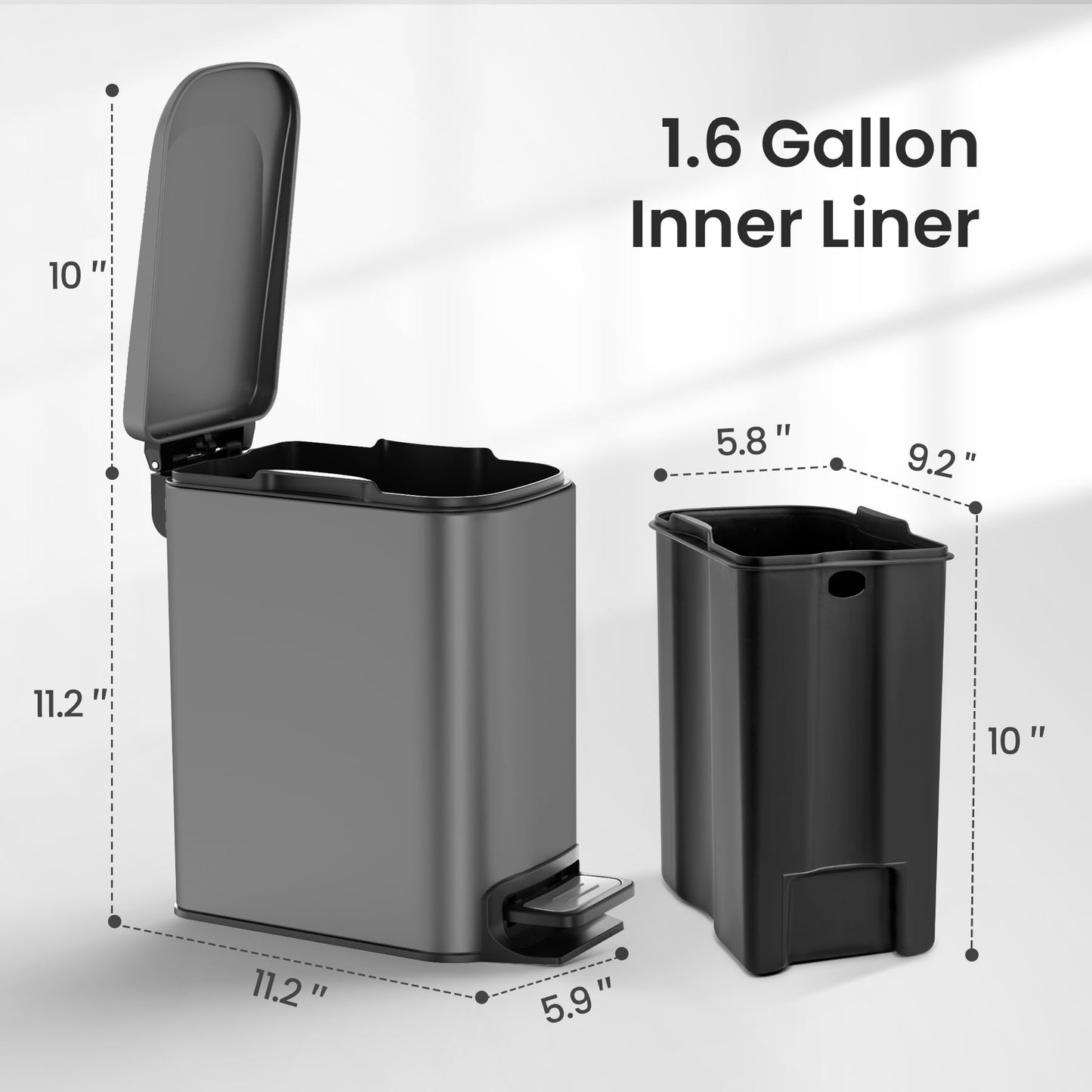 Cesun Small Bathroom Trash Can with Lid, 1.6 Gal, Soft Close, Sage Green | Step pedal soft close, Slim 5.9in fits narrow spaces, Stainless steel, Anti-fingerprint, Removable inner bucket, Odor seal