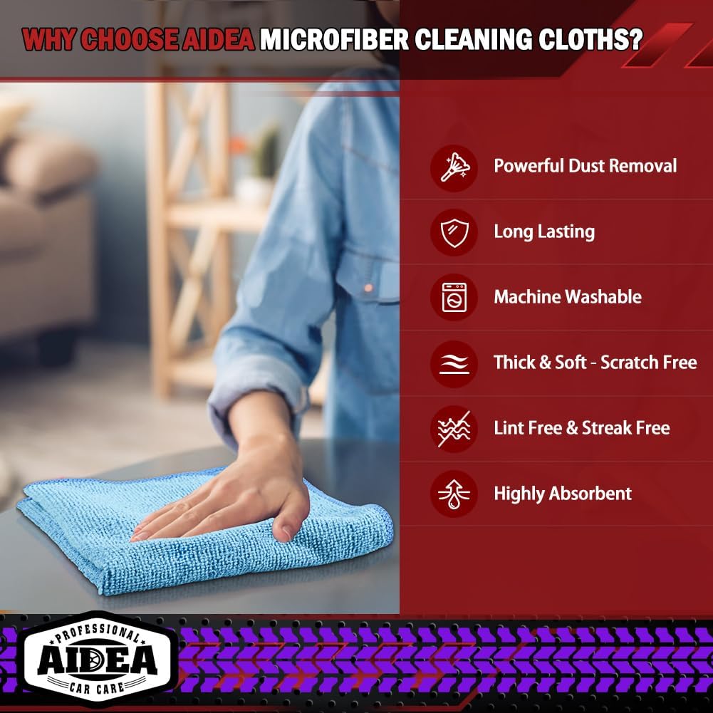 AIDEA Microfiber Cleaning Cloth-50PK, Microfiber Towels for Cars, 12×12" | Premium Wash Cloths, Dusting Cloth Cleaning Rags, Absorbent Towels for SUVs, House, Kitchen, Window, Cleaning Supplies