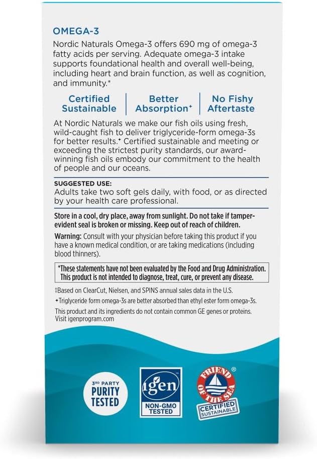 Nordic Naturals Omega-3, 690mg Fish Oil, EPA & DHA, Lemon - 90 Count | Omega-3 fish oil supports immune, brain & heart health. Optimal Wellness. Non-GMO, burpless. 45 servings.