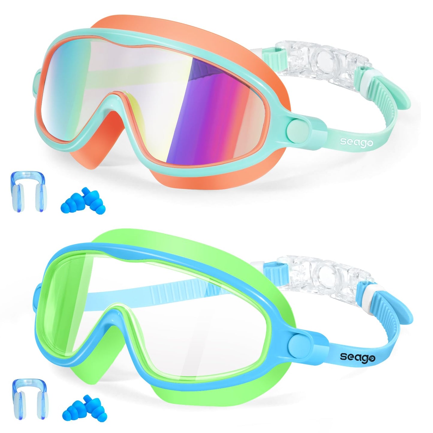 Seago Swim Goggles 2 Pack Anti-Fog Anti-UV Wide View Swimming Goggles for Kids 3-14
