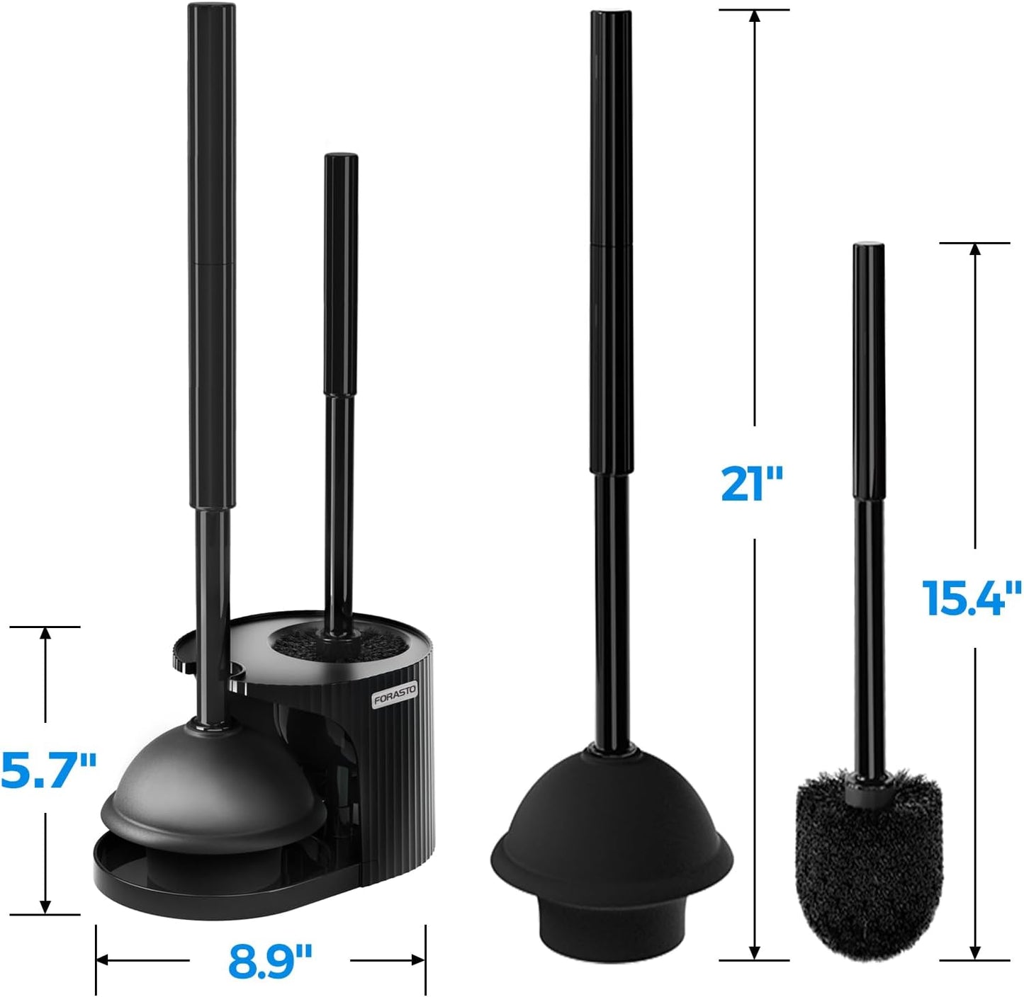 FORASTO 2in1 Toilet Brush and Plunger Set - Bathroom Bowl Holder Combo | 21" Extended, Apartment Must Haves, Accessories Decor, Essentials, New Home Storage, Scrubbing Tools, Washing Supplies, Black