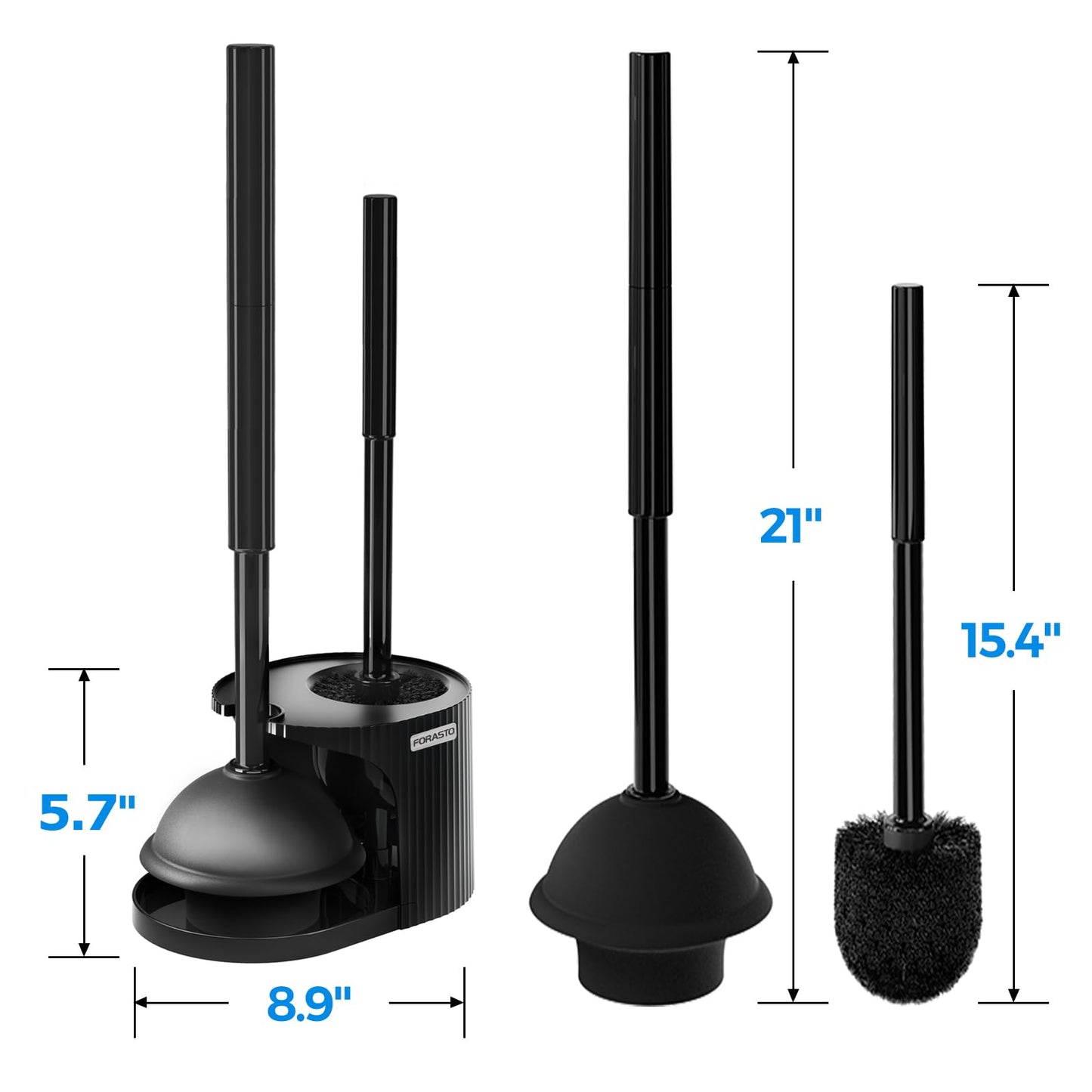 FORASTO 2in1 Toilet Brush and Plunger Set - Bathroom Bowl Holder Combo | 21" Extended, Apartment Must Haves, Accessories Decor, Essentials, New Home Storage, Scrubbing Tools, Washing Supplies, Black