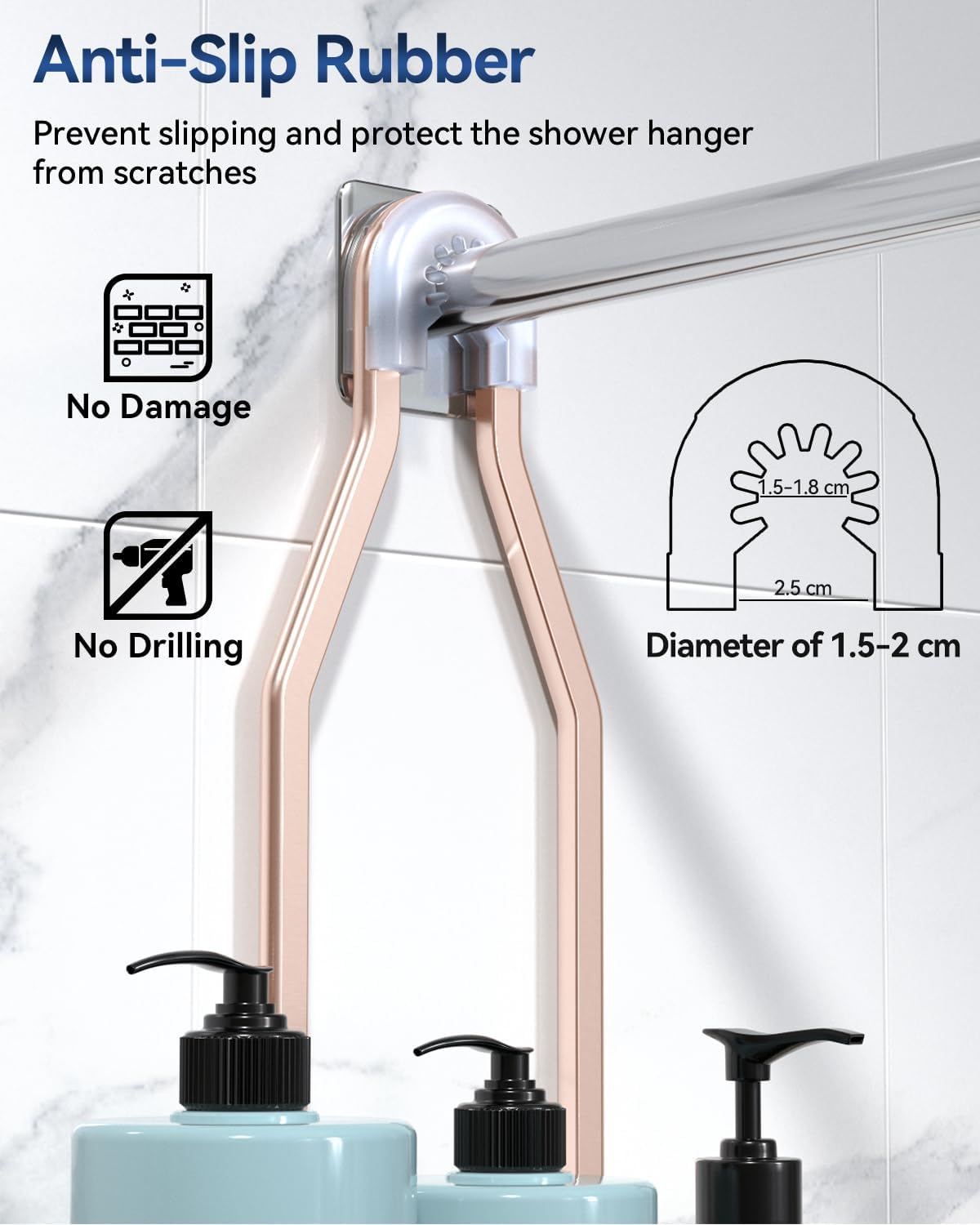 Never Rust Shower Caddy Hanging, Aluminum Shower Racks for Inside Shower, 3-Tier Shower Organizer Hanging Over Shower Head with Hooks and Soap Holder, Rose Gold