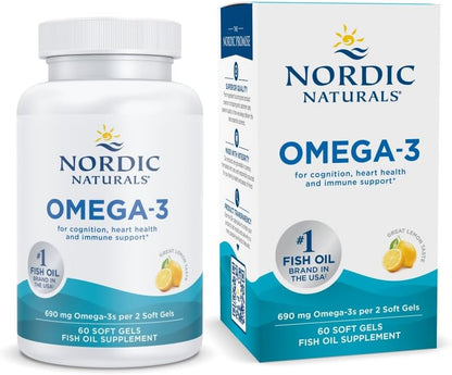Nordic Naturals Omega-3, 690mg Fish Oil, EPA & DHA, Lemon - 90 Count | Omega-3 fish oil supports immune, brain & heart health. Optimal Wellness. Non-GMO, burpless. 45 servings.