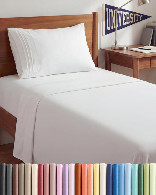 Twin XL 3 Piece Sheet Set - College Dorm Room Essentials - White | Deep Pocket Bed Sheets for Women, Men, Teens & Students, Soft, Cooling, Breathable & Wrinkle Free, Oeko-Tex Bed Sheet Set