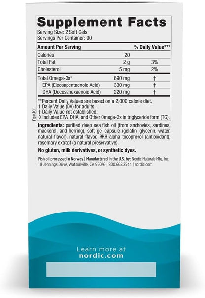 Nordic Naturals Omega-3, 690mg Fish Oil, EPA & DHA, Lemon - 90 Count | Omega-3 fish oil supports immune, brain & heart health. Optimal Wellness. Non-GMO, burpless. 45 servings.