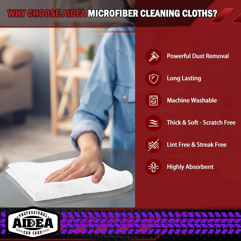 AIDEA Microfiber Cleaning Cloth-50PK, Microfiber Towels for Cars, 12×12" | Premium Wash Cloths, Dusting Cloth Cleaning Rags, Absorbent Towels for SUVs, House, Kitchen, Window, Cleaning Supplies