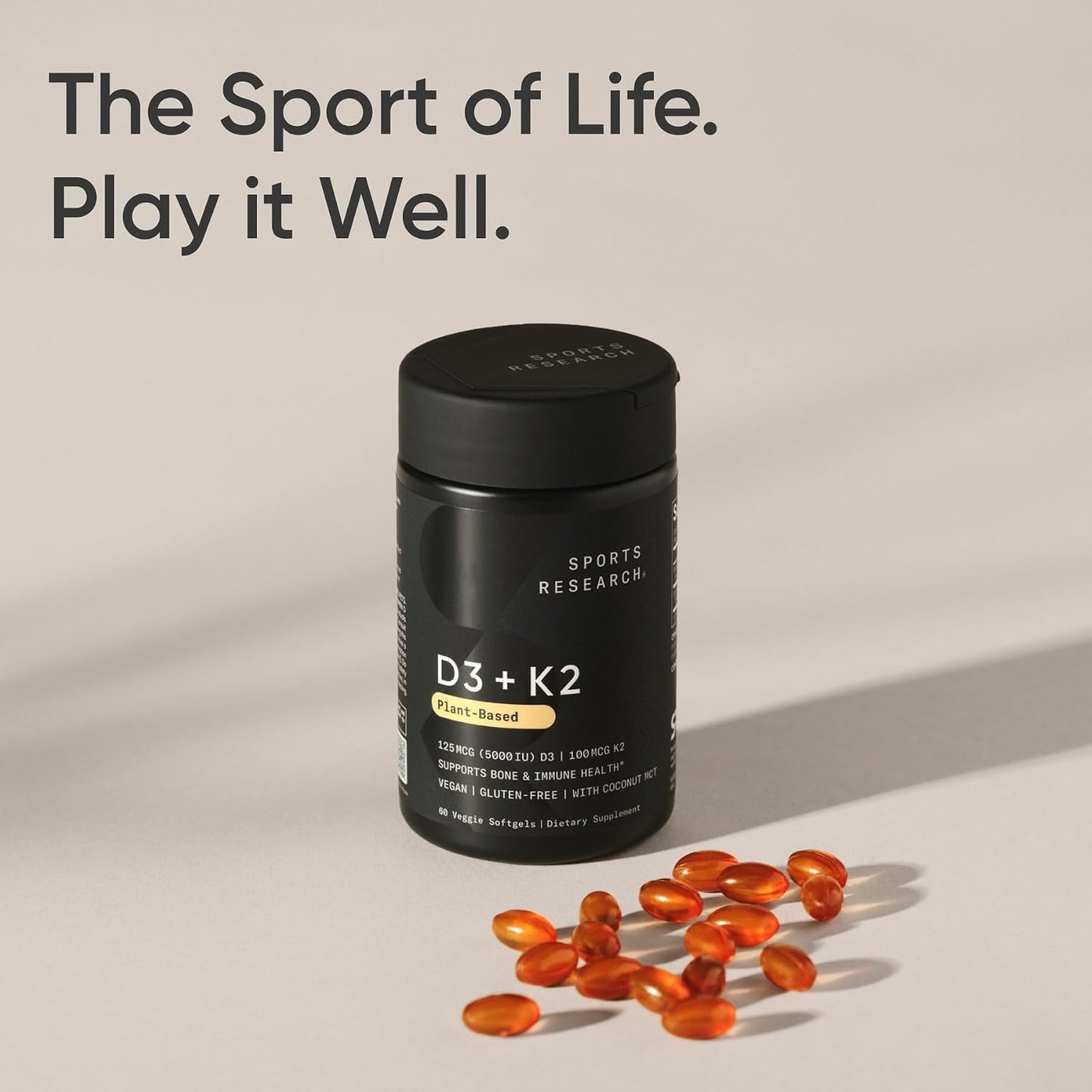 Sports Research® Vegan Vitamin D3 + K2 w/Coconut Oil, 60 Count Plantgels™ | Plant-Based Vitamin D 5000iu/125mcg & Soy-Free Vitamin K 100mcg for Bone & Immune Support - Vegan Certified · Non-GMO