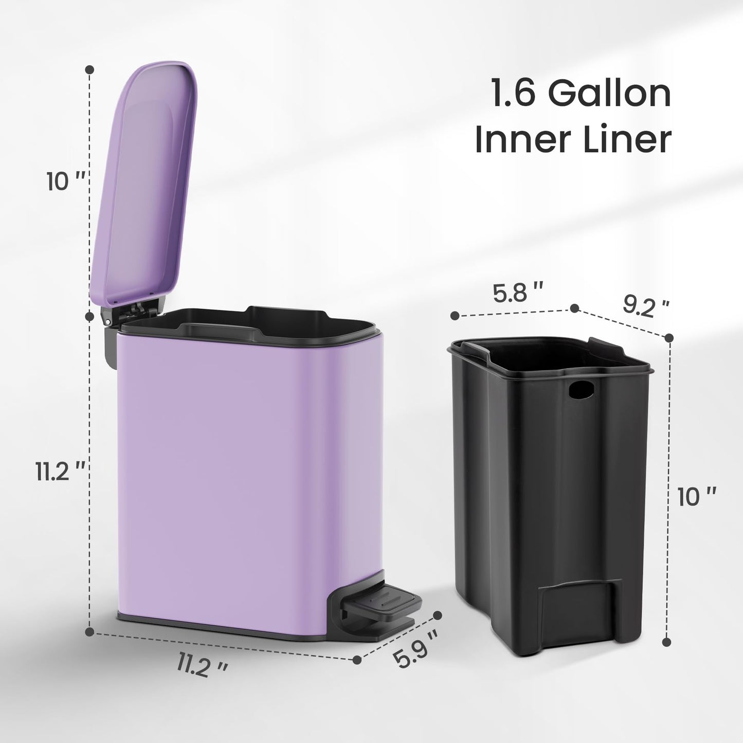 Cesun Small Bathroom Trash Can with Lid, 1.6 Gal, Soft Close, Sage Green | Step pedal soft close, Slim 5.9in fits narrow spaces, Stainless steel, Anti-fingerprint, Removable inner bucket, Odor seal