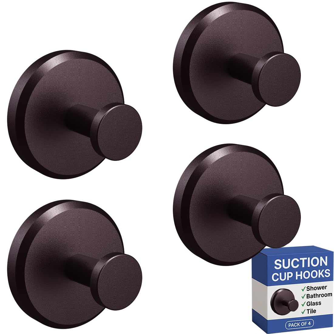HOME SO Suction Cup Hooks for Shower & Bathroom Towel Holder 2-Pack Black | Waterproof Rustproof Organizer Hook Hanging Loofah Robe Coat Bath Accessories on Tile Glass Door Mirror + Optional 3M Disc
