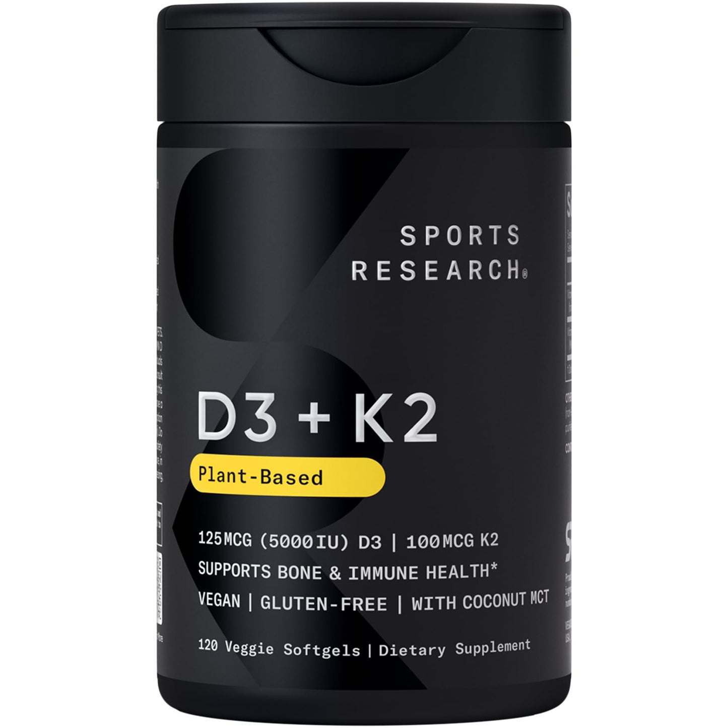 Sports Research® Vegan Vitamin D3 + K2 w/Coconut Oil, 60 Count Plantgels™ | Plant-Based Vitamin D 5000iu/125mcg & Soy-Free Vitamin K 100mcg for Bone & Immune Support - Vegan Certified · Non-GMO