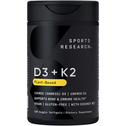 Sports Research® Vegan Vitamin D3 + K2 w/Coconut Oil, 60 Count Plantgels™ | Plant-Based Vitamin D 5000iu/125mcg & Soy-Free Vitamin K 100mcg for Bone & Immune Support - Vegan Certified · Non-GMO