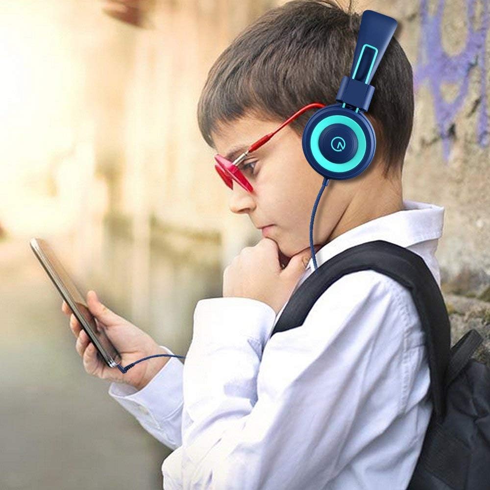 noot products K11 Kids Headphones with Wired Cord 3.5mm Jack Navy/Teal | 5ft Long Cord, Tangle Free, Foldable, Plug in On-Ear Headset for School, Classroom, Boys, Girls, Toddler Laptop Travel Tablet