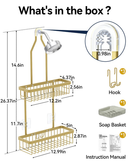 Never Rust Shower Caddy Hanging, Aluminum Shower Racks for Inside Shower, 3-Tier Shower Organizer Hanging Over Shower Head with Hooks and Soap Holder, Rose Gold