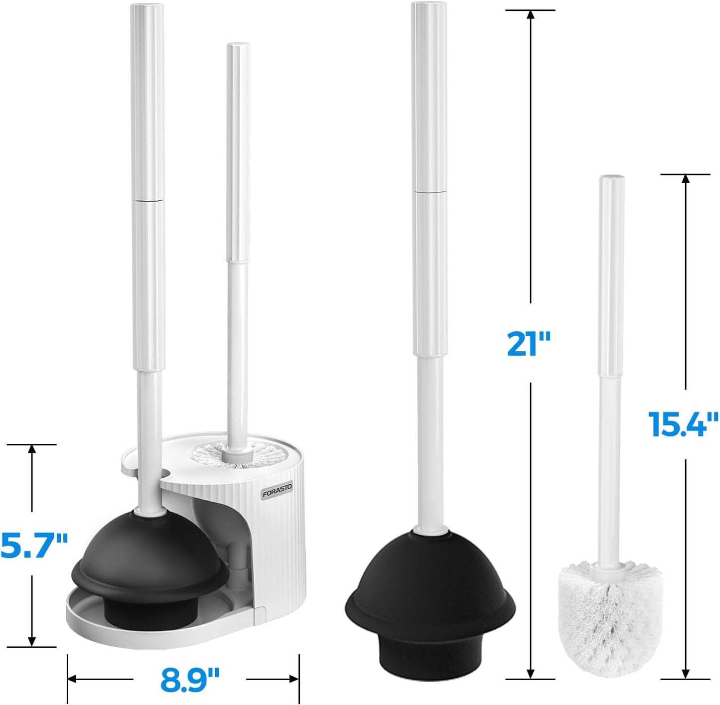 FORASTO 2in1 Toilet Brush and Plunger Set - Bathroom Bowl Holder Combo | 21" Extended, Apartment Must Haves, Accessories Decor, Essentials, New Home Storage, Scrubbing Tools, Washing Supplies, Black