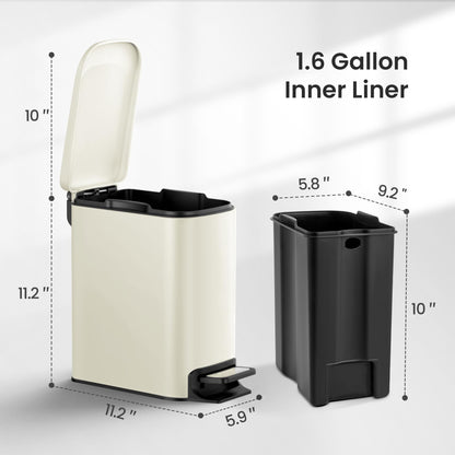 Cesun Small Bathroom Trash Can with Lid, 1.6 Gal, Soft Close, Sage Green | Step pedal soft close, Slim 5.9in fits narrow spaces, Stainless steel, Anti-fingerprint, Removable inner bucket, Odor seal