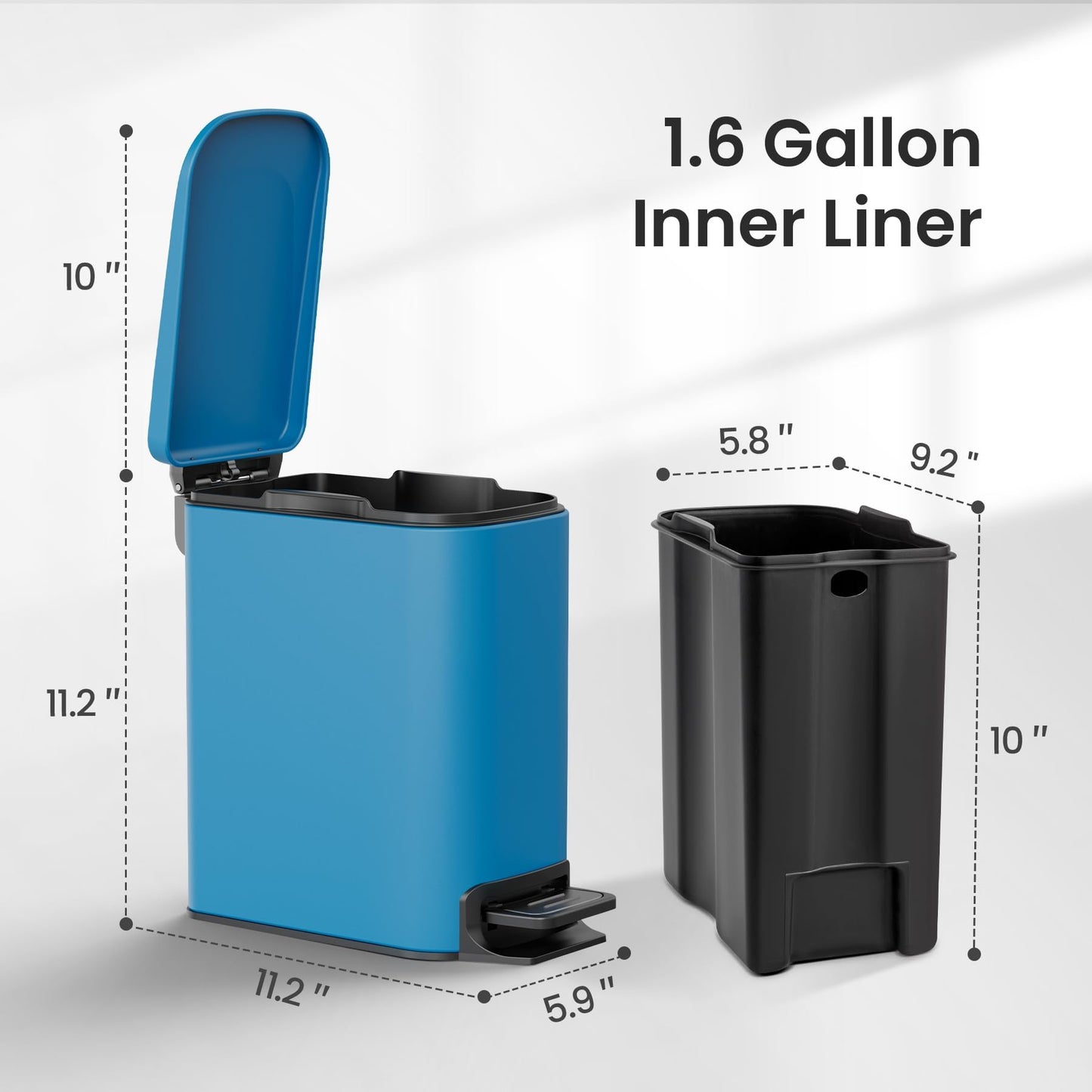 Cesun Small Bathroom Trash Can with Lid, 1.6 Gal, Soft Close, Sage Green | Step pedal soft close, Slim 5.9in fits narrow spaces, Stainless steel, Anti-fingerprint, Removable inner bucket, Odor seal