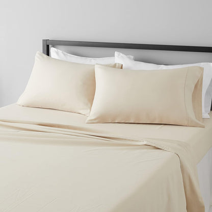 Amazon Basics Lightweight Super Soft Breathable Wrinkle-Resistant Microfiber 4-Piece Bed Sheet Set with 14-Inch Deep Pockets, Queen, Bright White, Solid