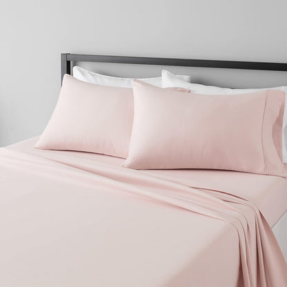 Amazon Basics Lightweight Super Soft Breathable Wrinkle-Resistant Microfiber 4-Piece Bed Sheet Set with 14-Inch Deep Pockets, Queen, Bright White, Solid