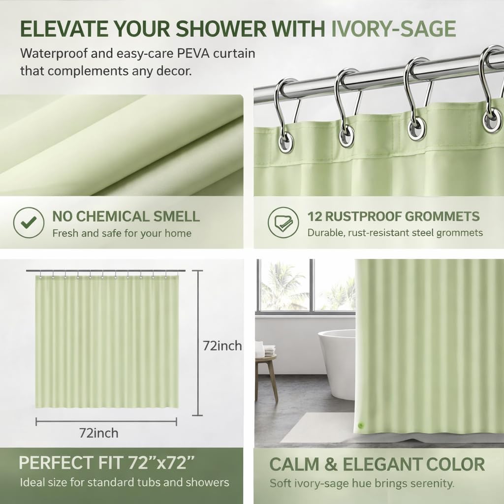 EHZNZIE White Shower Curtain Liner 72x72, PEVA Waterproof Bath Curtain, No Chemical Smell, 3 Weighted Magnets, Durable with Rustproof Metal Grommets