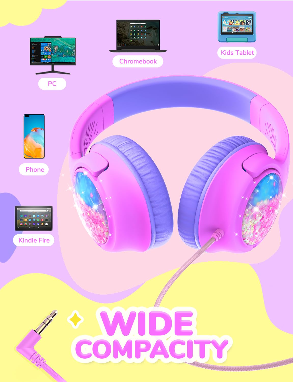 iClever C371 Kids Headphones with Cord for School Boys Girls Travel Gift | SafeSound Tech3.0, Stereo Sound, 3.5mm Jack, Foldable, Durable Headband, Safe Wired Headphones for Kids, Powder Blue