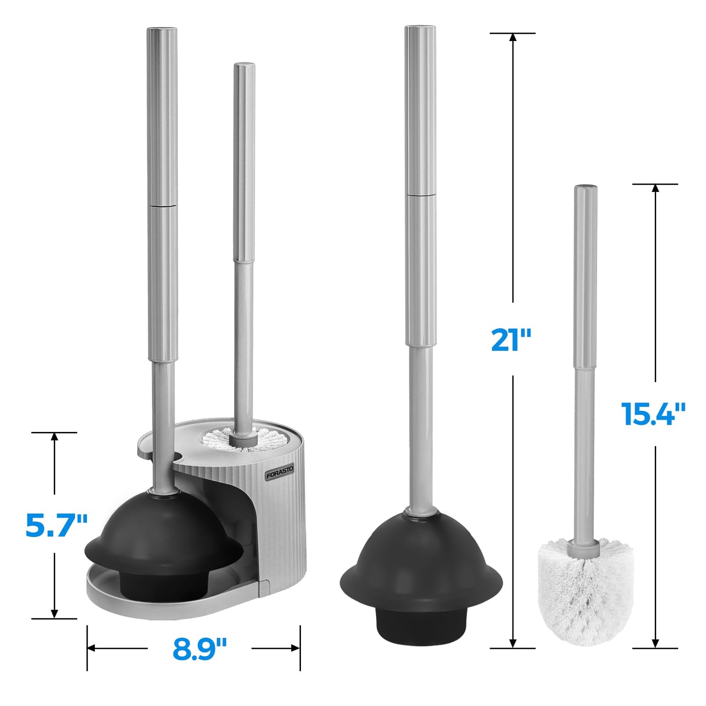 FORASTO 2in1 Toilet Brush and Plunger Set - Bathroom Bowl Holder Combo | 21" Extended, Apartment Must Haves, Accessories Decor, Essentials, New Home Storage, Scrubbing Tools, Washing Supplies, Black