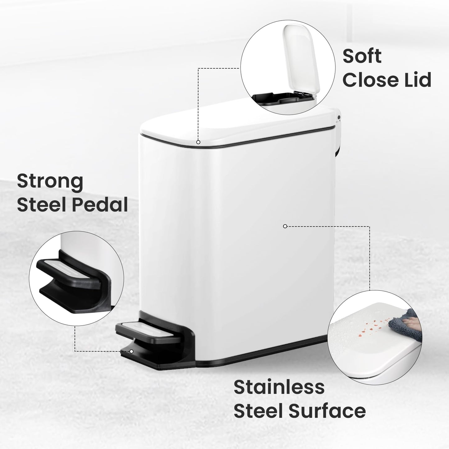 Cesun Small Bathroom Trash Can with Lid, 1.6 Gal, Soft Close, Sage Green | Step pedal soft close, Slim 5.9in fits narrow spaces, Stainless steel, Anti-fingerprint, Removable inner bucket, Odor seal