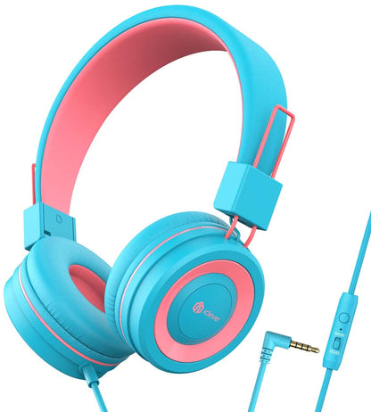 iClever C371 Kids Headphones with Cord for School Boys Girls Travel Gift | SafeSound Tech3.0, Stereo Sound, 3.5mm Jack, Foldable, Durable Headband, Safe Wired Headphones for Kids, Powder Blue
