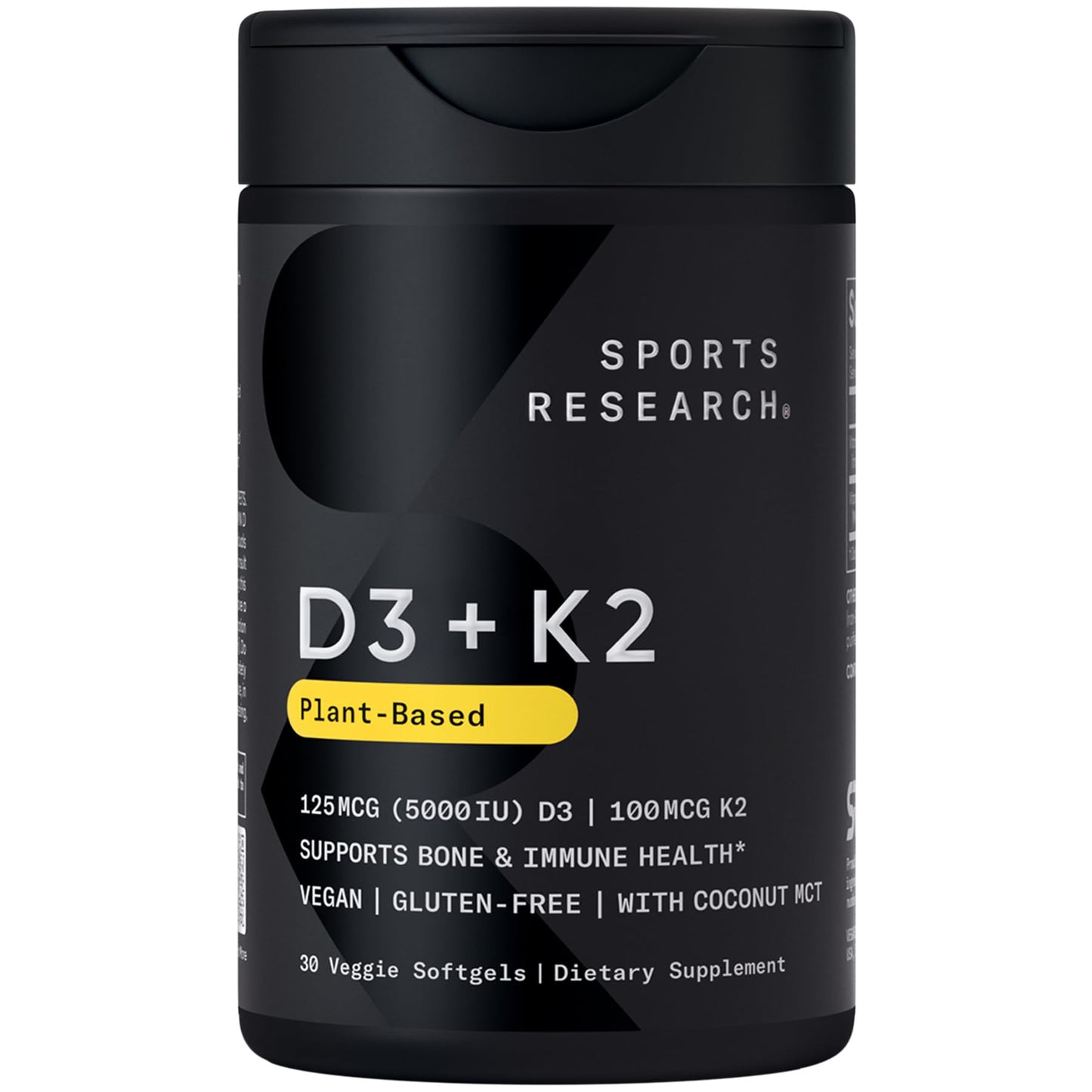 Sports Research® Vegan Vitamin D3 + K2 w/Coconut Oil, 60 Count Plantgels™ | Plant-Based Vitamin D 5000iu/125mcg & Soy-Free Vitamin K 100mcg for Bone & Immune Support - Vegan Certified · Non-GMO