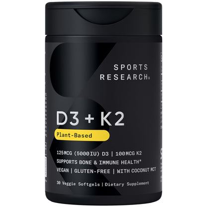 Sports Research® Vegan Vitamin D3 + K2 w/Coconut Oil, 60 Count Plantgels™ | Plant-Based Vitamin D 5000iu/125mcg & Soy-Free Vitamin K 100mcg for Bone & Immune Support - Vegan Certified · Non-GMO