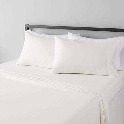 Amazon Basics Lightweight Super Soft Breathable Wrinkle-Resistant Microfiber 4-Piece Bed Sheet Set with 14-Inch Deep Pockets, Queen, Bright White, Solid