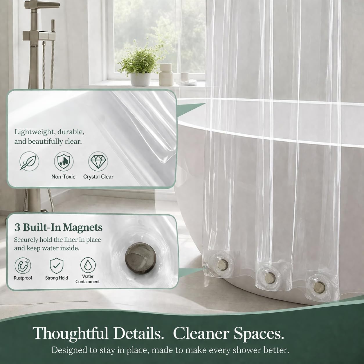 EHZNZIE White Shower Curtain Liner 72x72, PEVA Waterproof Bath Curtain, No Chemical Smell, 3 Weighted Magnets, Durable with Rustproof Metal Grommets