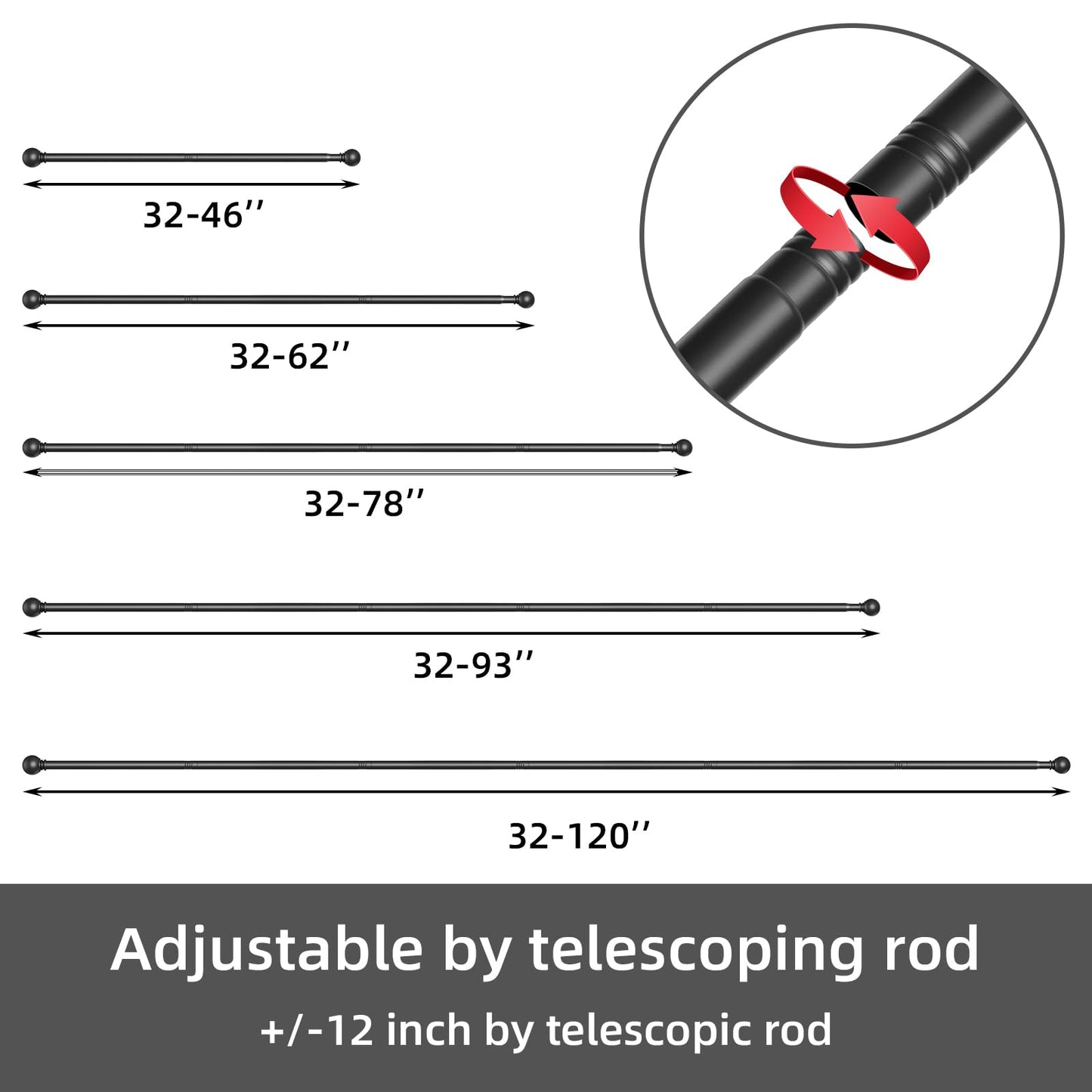 GXOACKJ Curtain Rods for windows 32-48 inch, 5/8 inch Decorative Curtain Rod Set, Matte Black Splicing Heavy Duty Metal Curtain Rod with Brackets