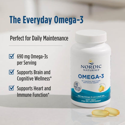 Nordic Naturals Omega-3, 690mg Fish Oil, EPA & DHA, Lemon - 90 Count | Omega-3 fish oil supports immune, brain & heart health. Optimal Wellness. Non-GMO, burpless. 45 servings.
