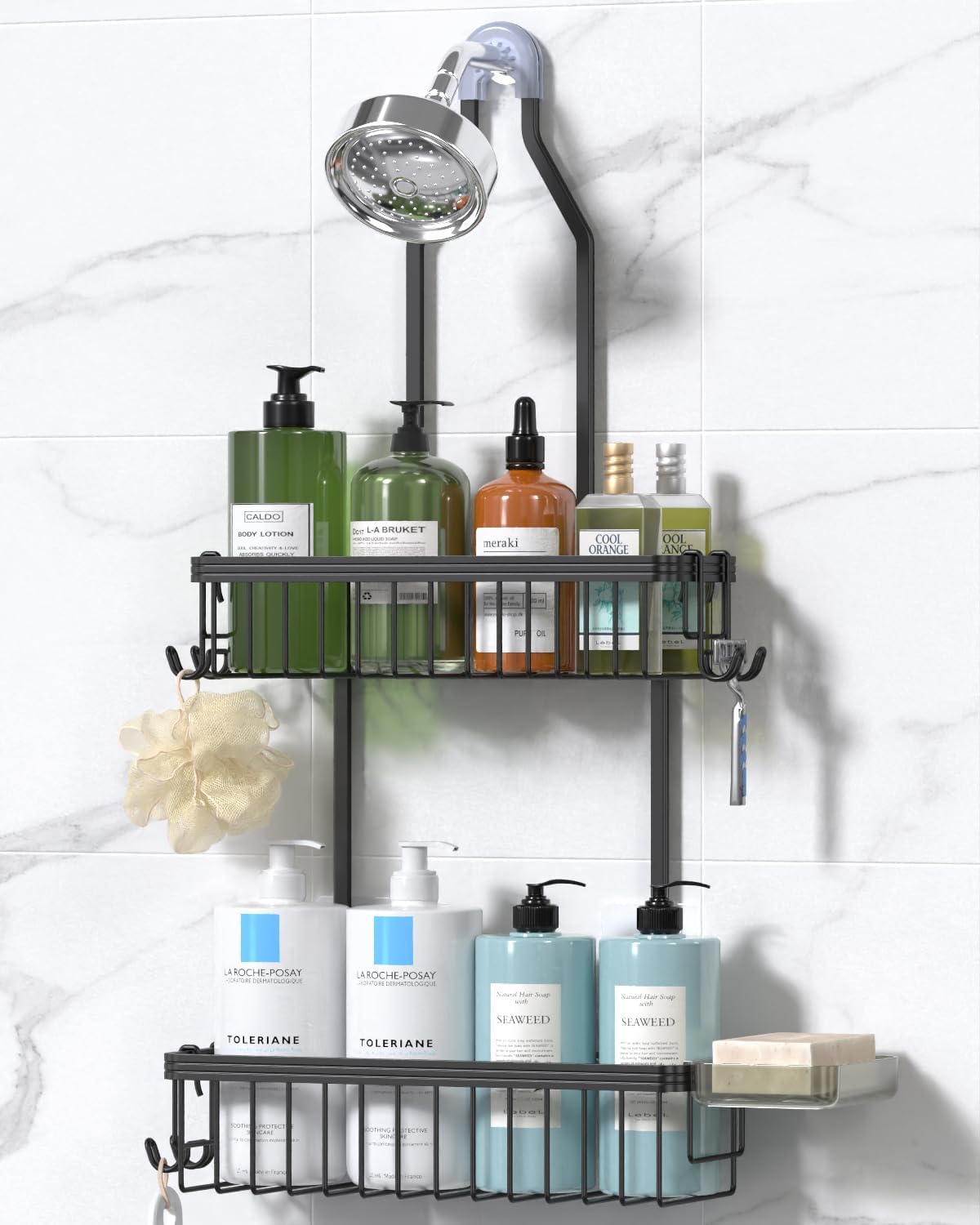 Never Rust Shower Caddy Hanging, Aluminum Shower Racks for Inside Shower, 3-Tier Shower Organizer Hanging Over Shower Head with Hooks and Soap Holder, Rose Gold
