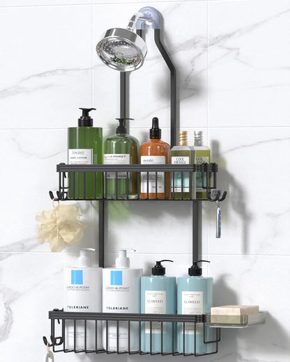 Never Rust Shower Caddy Hanging, Aluminum Shower Racks for Inside Shower, 3-Tier Shower Organizer Hanging Over Shower Head with Hooks and Soap Holder, Rose Gold