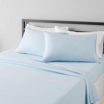 Amazon Basics Lightweight Super Soft Breathable Wrinkle-Resistant Microfiber 4-Piece Bed Sheet Set with 14-Inch Deep Pockets, Queen, Bright White, Solid