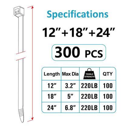 Zip Ties Assorted Sizes(4”+6”+8”+12”), 400 Pack, Black Cable Ties, UV Resistant Wire Ties by ANOSON