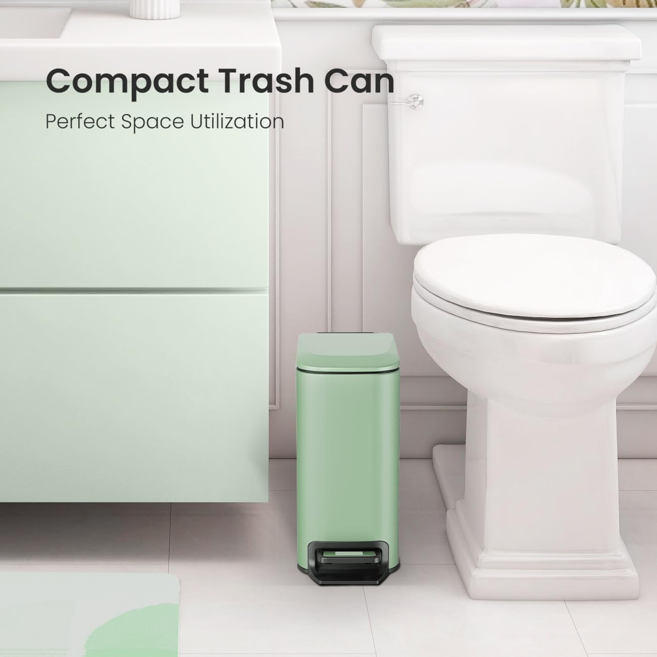 Cesun Small Bathroom Trash Can with Lid, 1.6 Gal, Soft Close, Sage Green | Step pedal soft close, Slim 5.9in fits narrow spaces, Stainless steel, Anti-fingerprint, Removable inner bucket, Odor seal