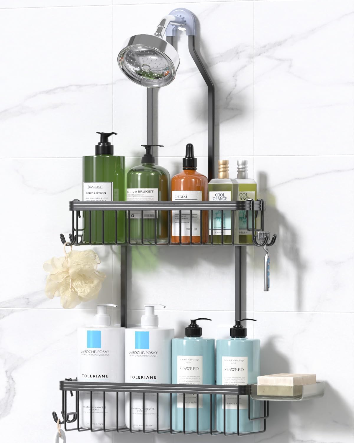 Never Rust Shower Caddy Hanging, Aluminum Shower Racks for Inside Shower, 3-Tier Shower Organizer Hanging Over Shower Head with Hooks and Soap Holder, Rose Gold