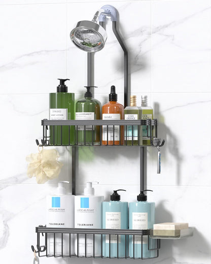 Never Rust Shower Caddy Hanging, Aluminum Shower Racks for Inside Shower, 3-Tier Shower Organizer Hanging Over Shower Head with Hooks and Soap Holder, Rose Gold