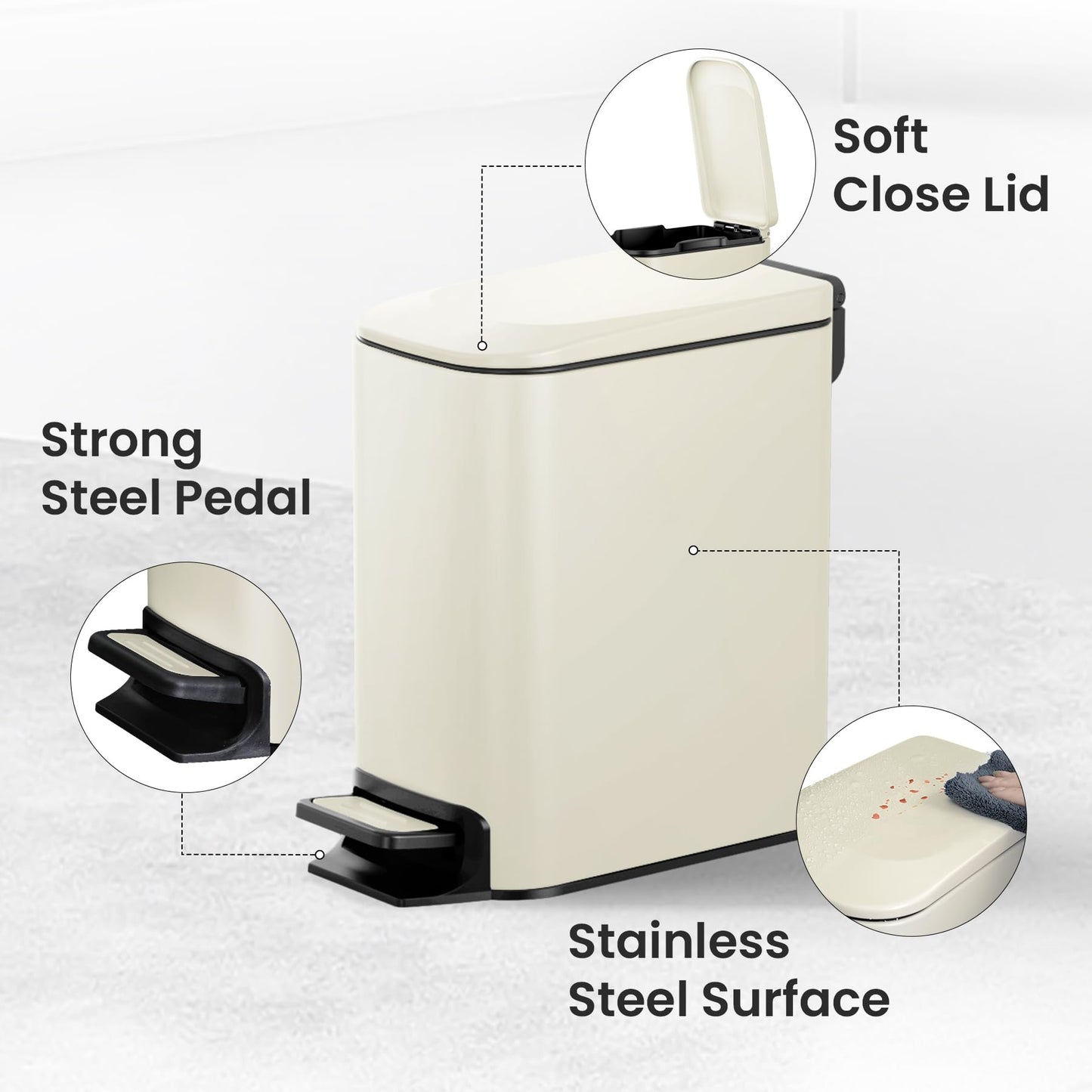 Cesun Small Bathroom Trash Can with Lid, 1.6 Gal, Soft Close, Sage Green | Step pedal soft close, Slim 5.9in fits narrow spaces, Stainless steel, Anti-fingerprint, Removable inner bucket, Odor seal