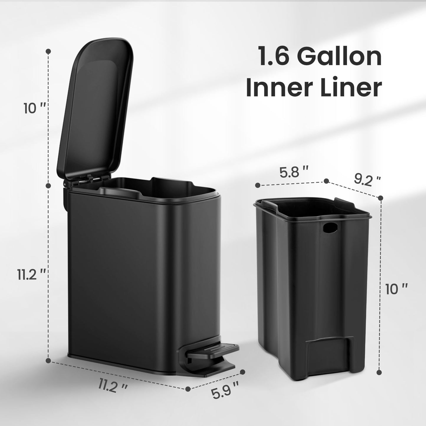Cesun Small Bathroom Trash Can with Lid, 1.6 Gal, Soft Close, Sage Green | Step pedal soft close, Slim 5.9in fits narrow spaces, Stainless steel, Anti-fingerprint, Removable inner bucket, Odor seal