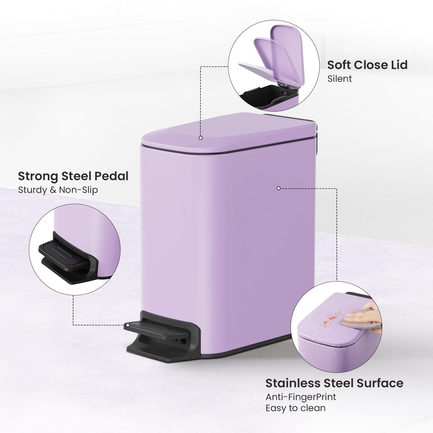 Cesun Small Bathroom Trash Can with Lid, 1.6 Gal, Soft Close, Sage Green | Step pedal soft close, Slim 5.9in fits narrow spaces, Stainless steel, Anti-fingerprint, Removable inner bucket, Odor seal