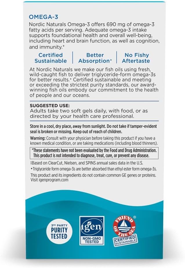 Nordic Naturals Omega-3, 690mg Fish Oil, EPA & DHA, Lemon - 90 Count | Omega-3 fish oil supports immune, brain & heart health. Optimal Wellness. Non-GMO, burpless. 45 servings.