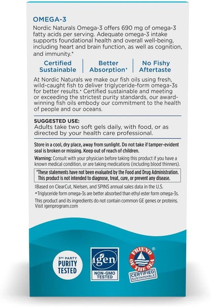 Nordic Naturals Omega-3, 690mg Fish Oil, EPA & DHA, Lemon - 90 Count | Omega-3 fish oil supports immune, brain & heart health. Optimal Wellness. Non-GMO, burpless. 45 servings.