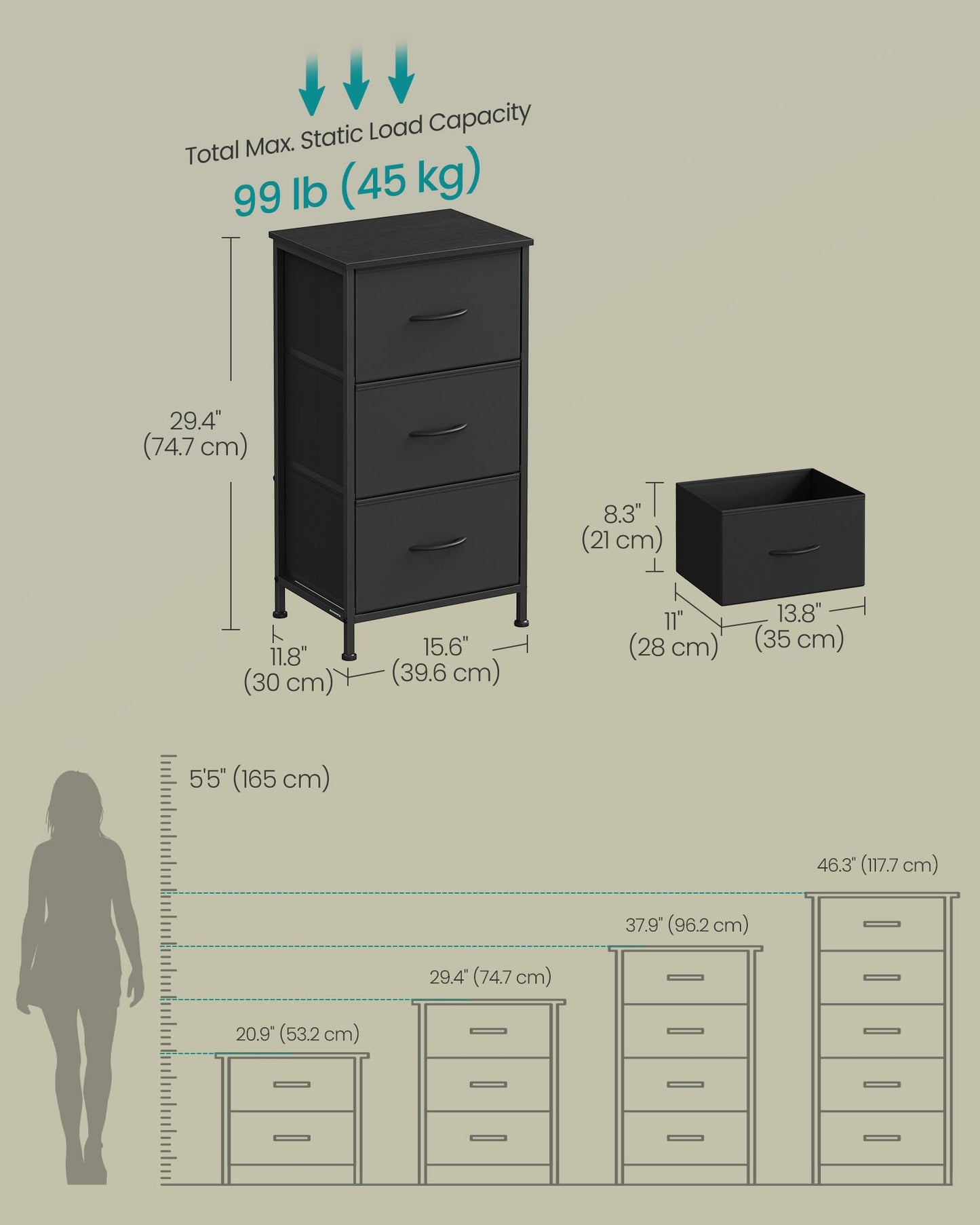 SONGMICS BELLAH Collection - Dresser for Bedroom, Chest of Drawers, Storage Organizer Unit, Closet, Entryway, Steel, 4 Drawers, Modern, Ink Black and Ebony Black ULGS314B01S