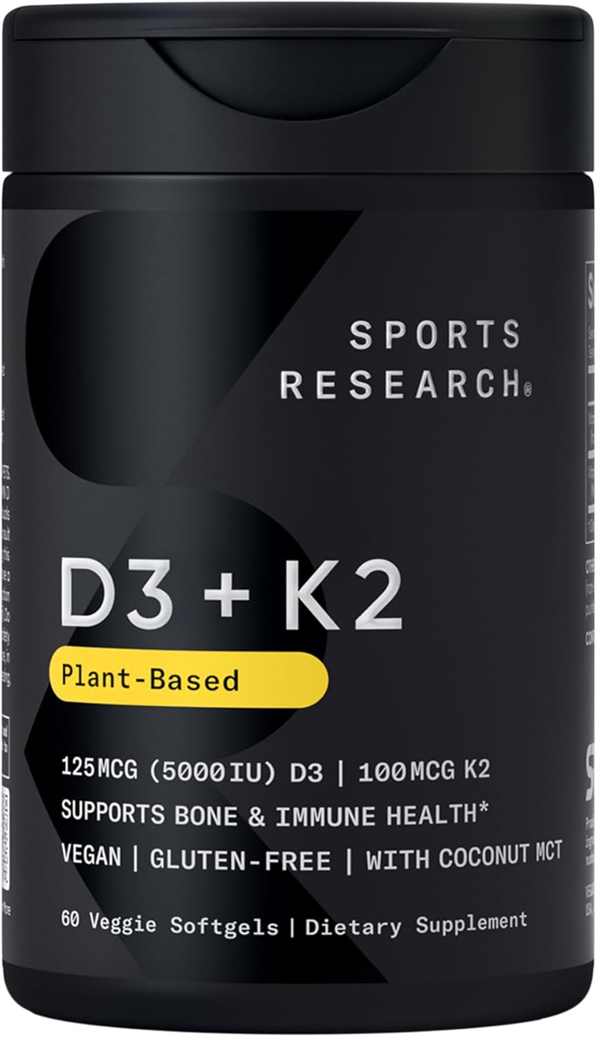 Sports Research® Vegan Vitamin D3 + K2 w/Coconut Oil, 60 Count Plantgels™ | Plant-Based Vitamin D 5000iu/125mcg & Soy-Free Vitamin K 100mcg for Bone & Immune Support - Vegan Certified · Non-GMO