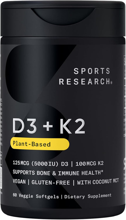 Sports Research® Vegan Vitamin D3 + K2 w/Coconut Oil, 60 Count Plantgels™ | Plant-Based Vitamin D 5000iu/125mcg & Soy-Free Vitamin K 100mcg for Bone & Immune Support - Vegan Certified · Non-GMO