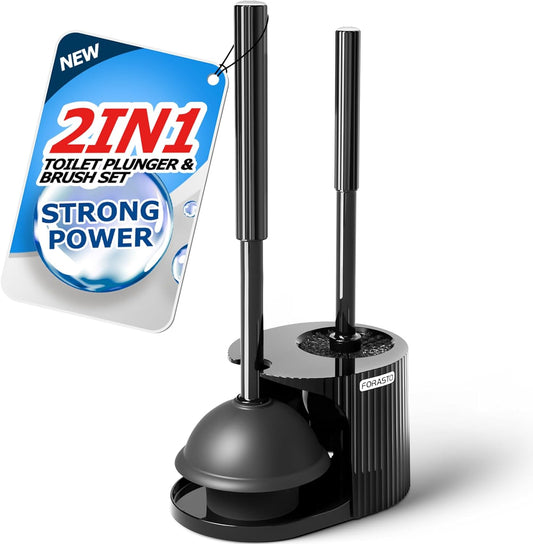FORASTO 2in1 Toilet Brush and Plunger Set - Bathroom Bowl Holder Combo | 21" Extended, Apartment Must Haves, Accessories Decor, Essentials, New Home Storage, Scrubbing Tools, Washing Supplies, Black